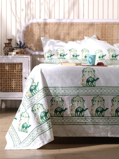 Green and yellow jharokha motif fitted bedsheet set