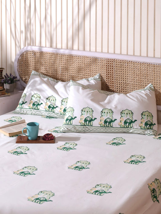 Green and yellow jharokha motif bedsheet set