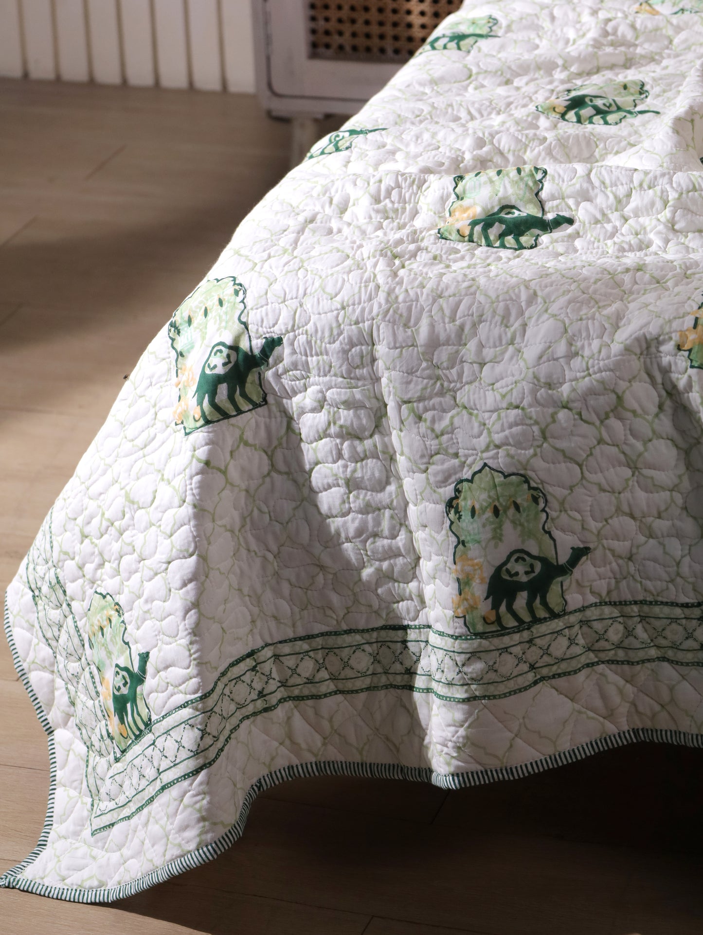 Green and yellow jharokha motif mulmul quilt