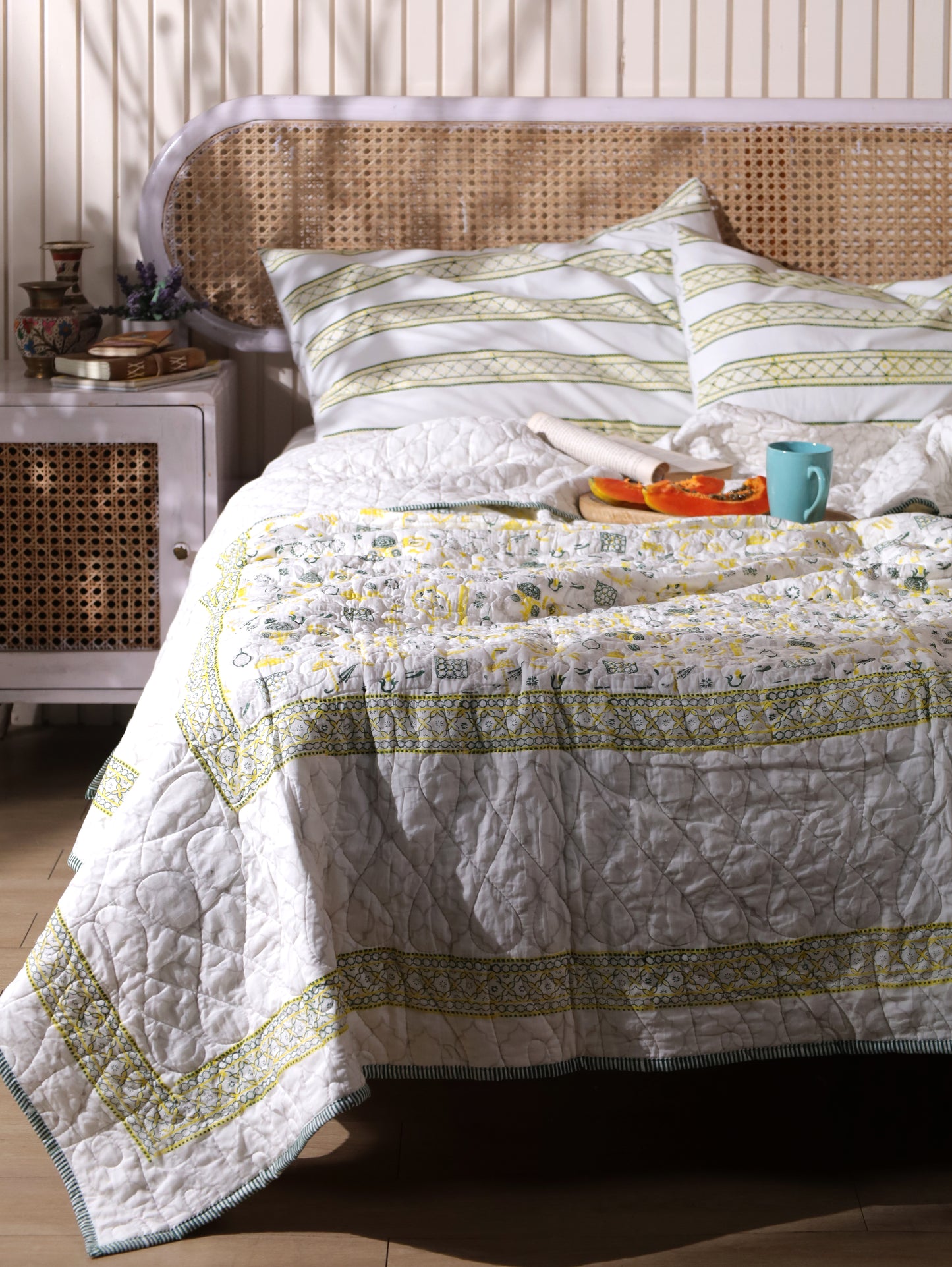 Grey green and yellow scattered ethnic mulmul quilt