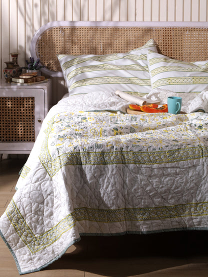 Grey green and yellow scattered ethnic mulmul quilt