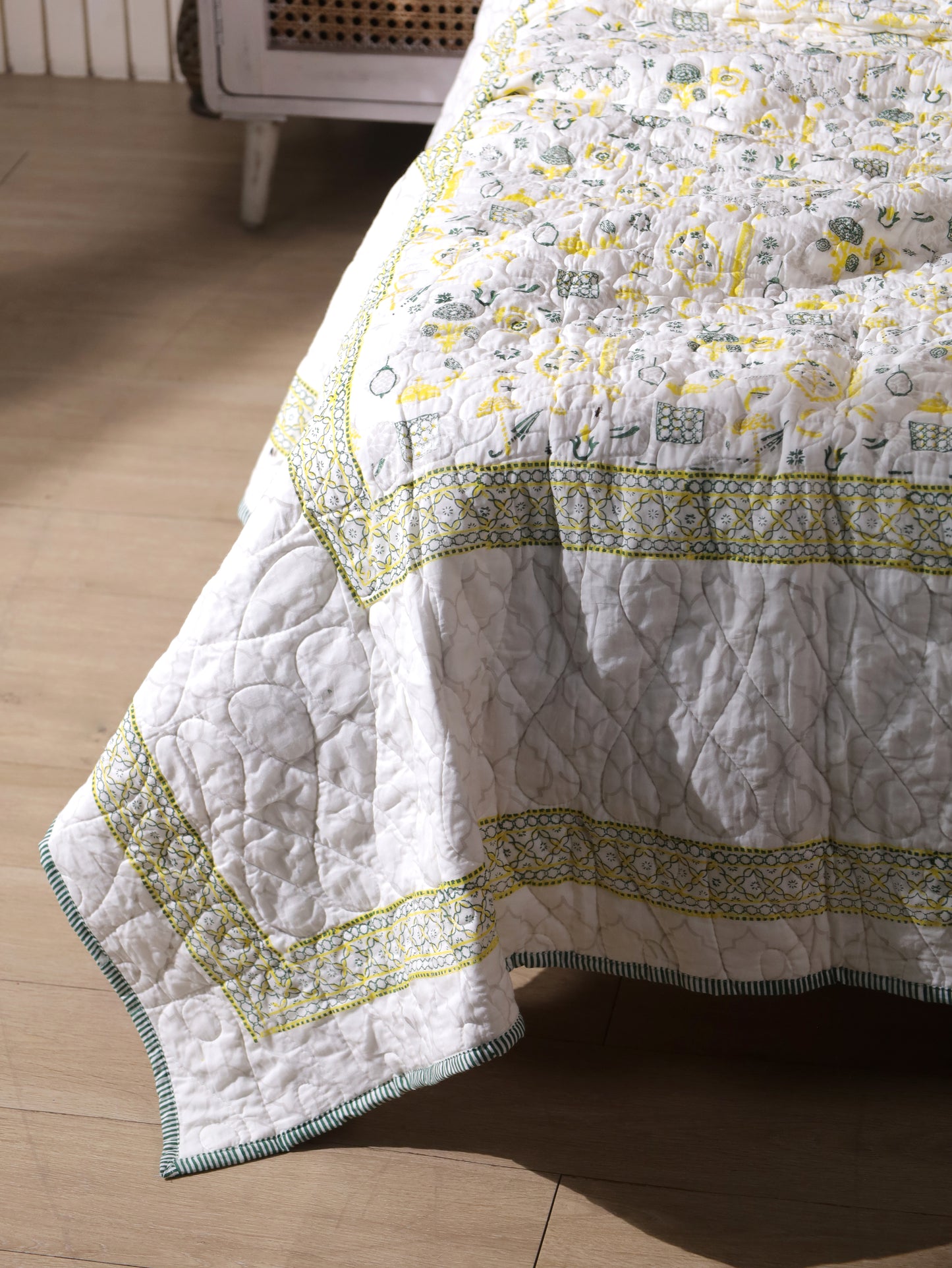 Grey green and yellow scattered ethnic mulmul quilt