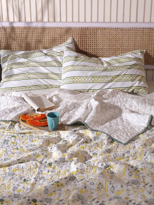 Grey green and yellow scattered ethnic mulmul quilt