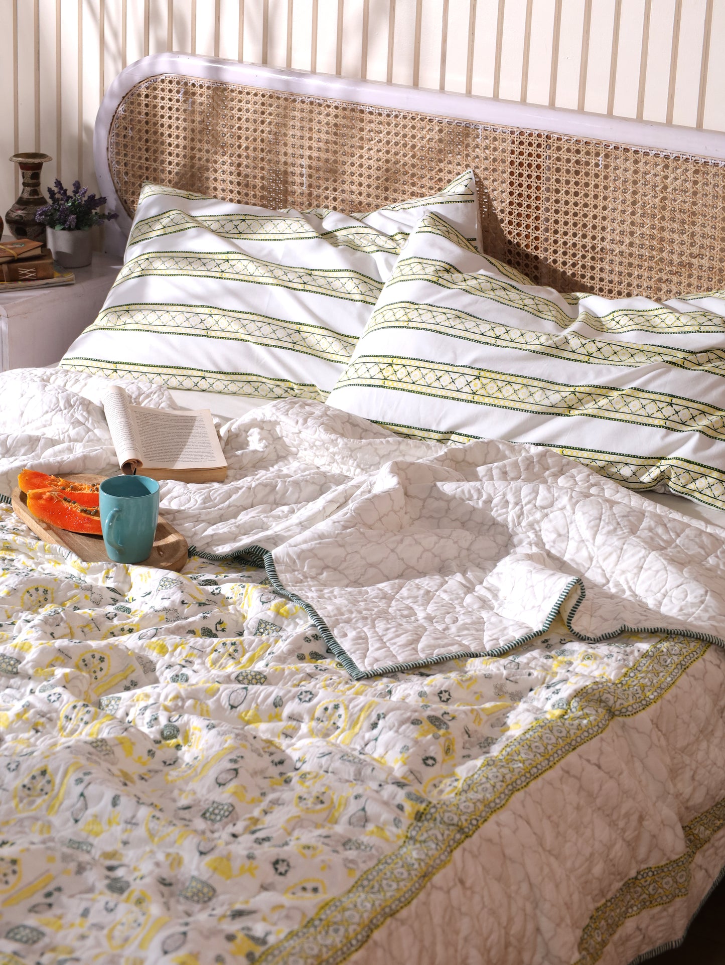 Grey green and yellow scattered ethnic mulmul quilt