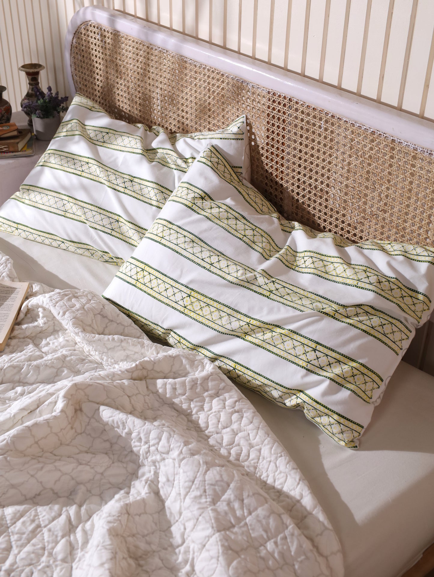 Grey green and yellow scattered ethnic mulmul quilt