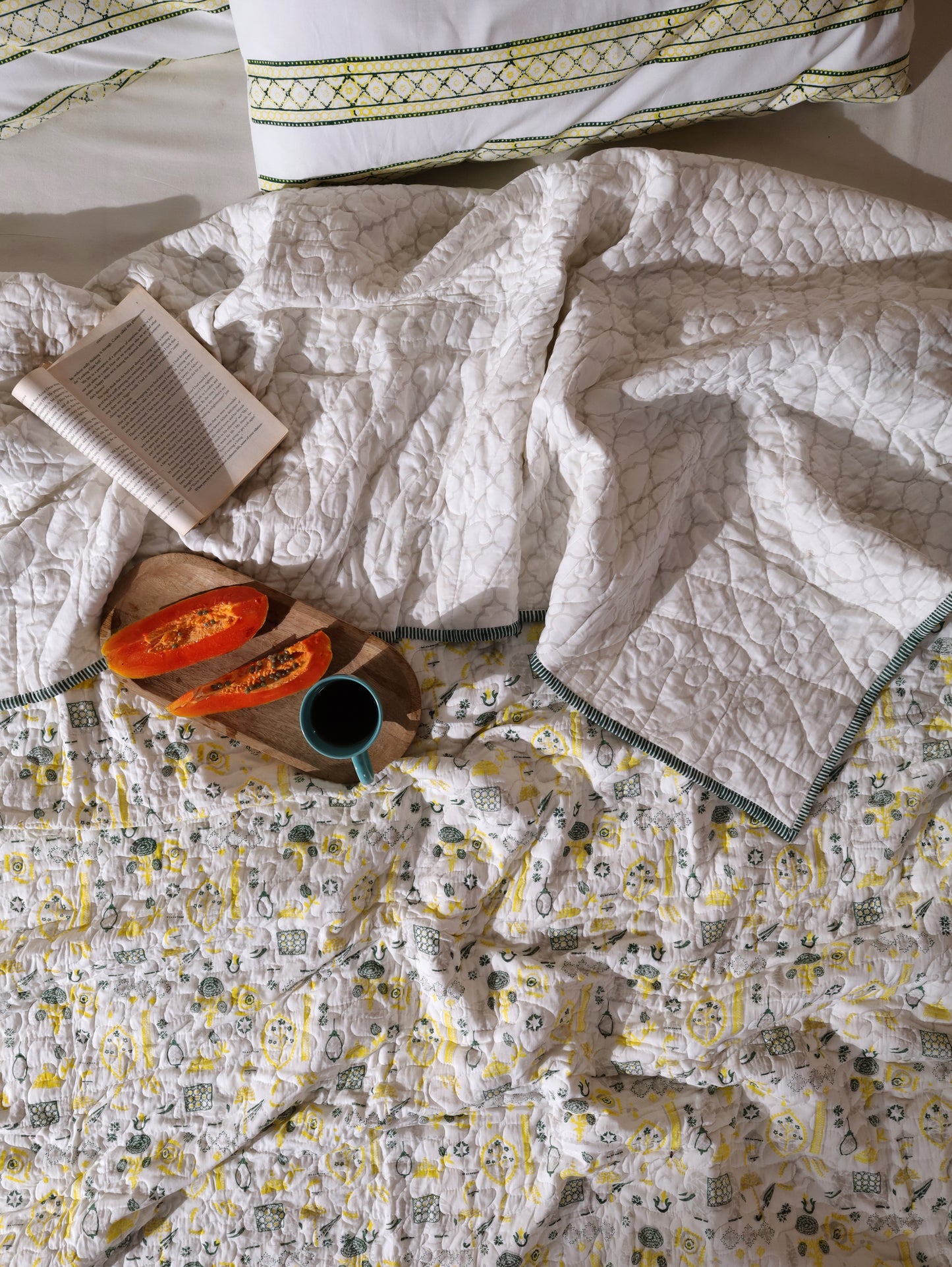 Grey green and yellow scattered ethnic mulmul quilt