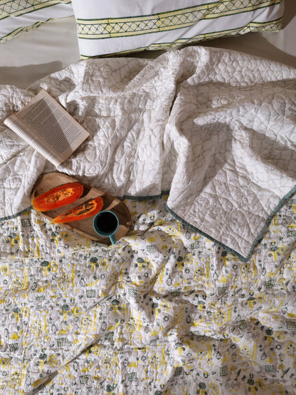 Grey green and yellow scattered ethnic mulmul quilt