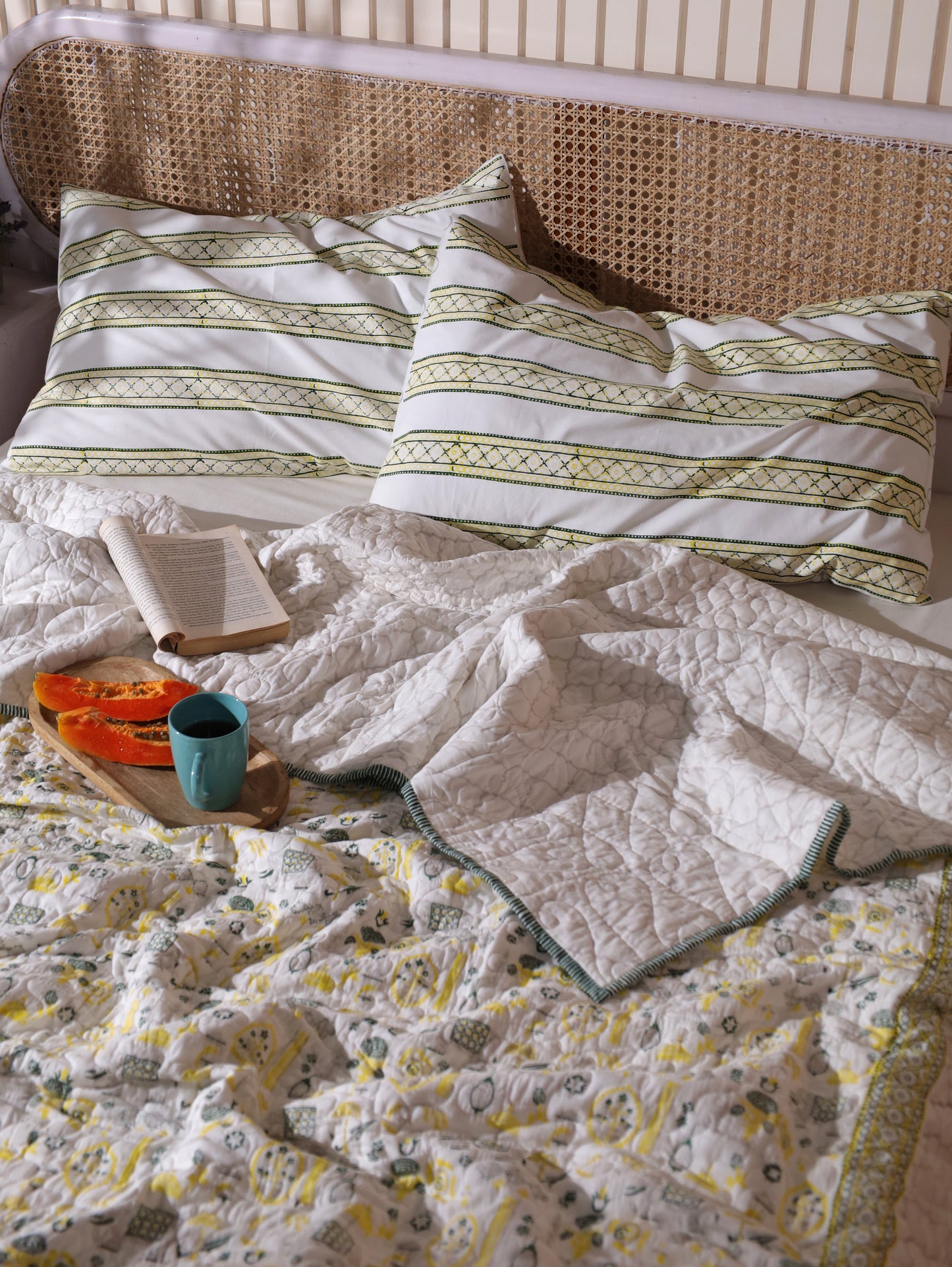 Grey green and yellow scattered ethnic mulmul quilt