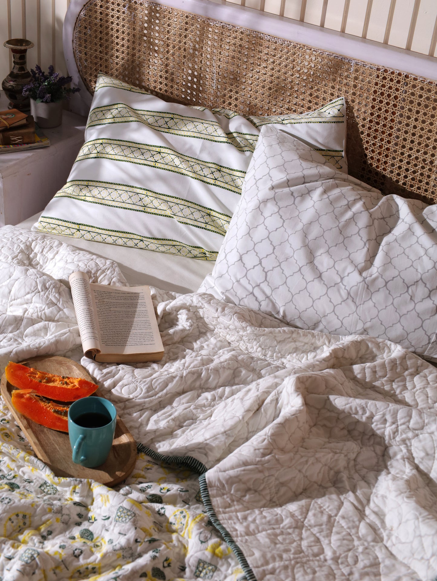 Grey green and yellow scattered ethnic mulmul quilt