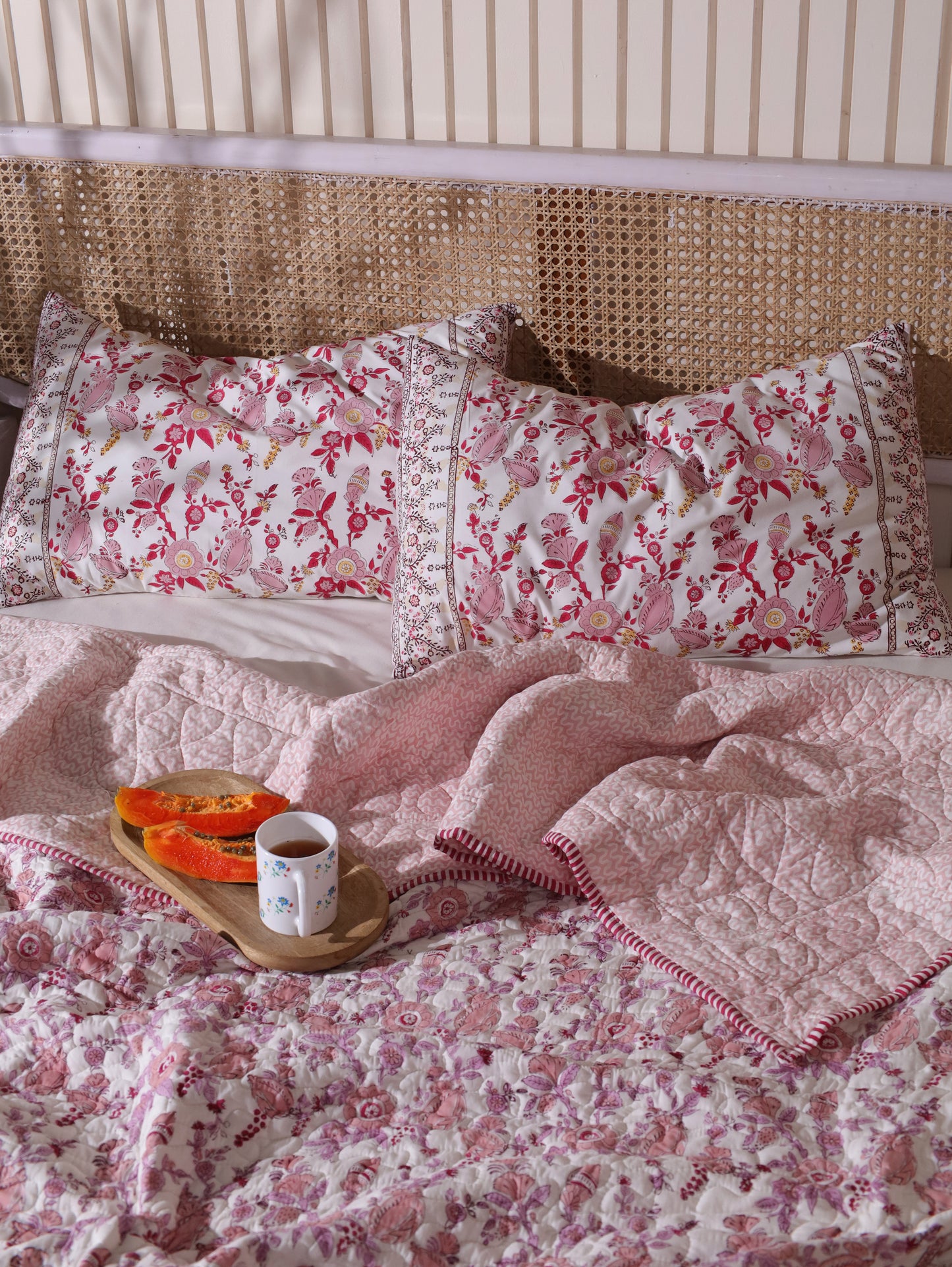 Lilac and maroon phal aur phool mulmul quilt