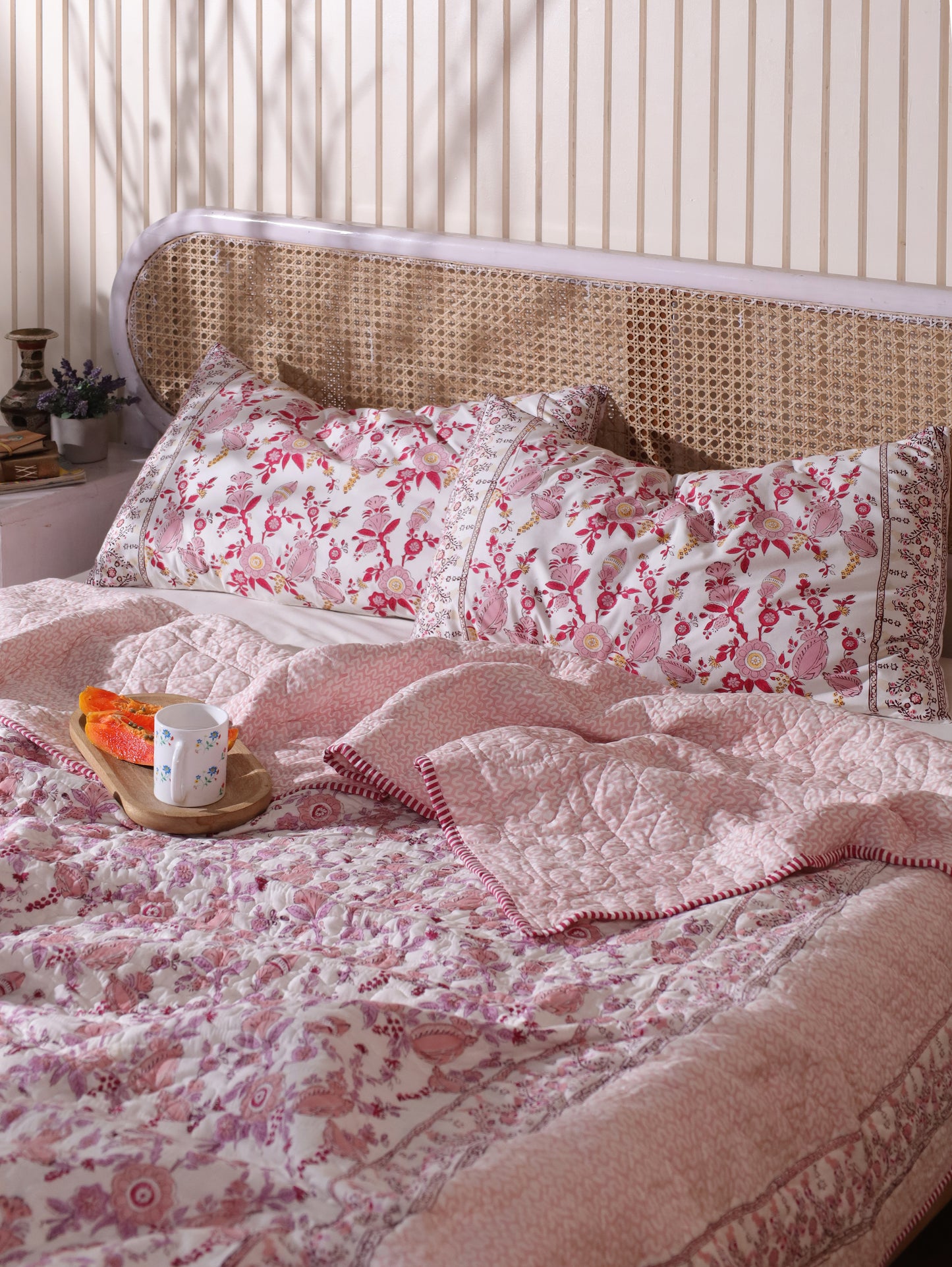 Lilac and maroon phal aur phool mulmul quilt