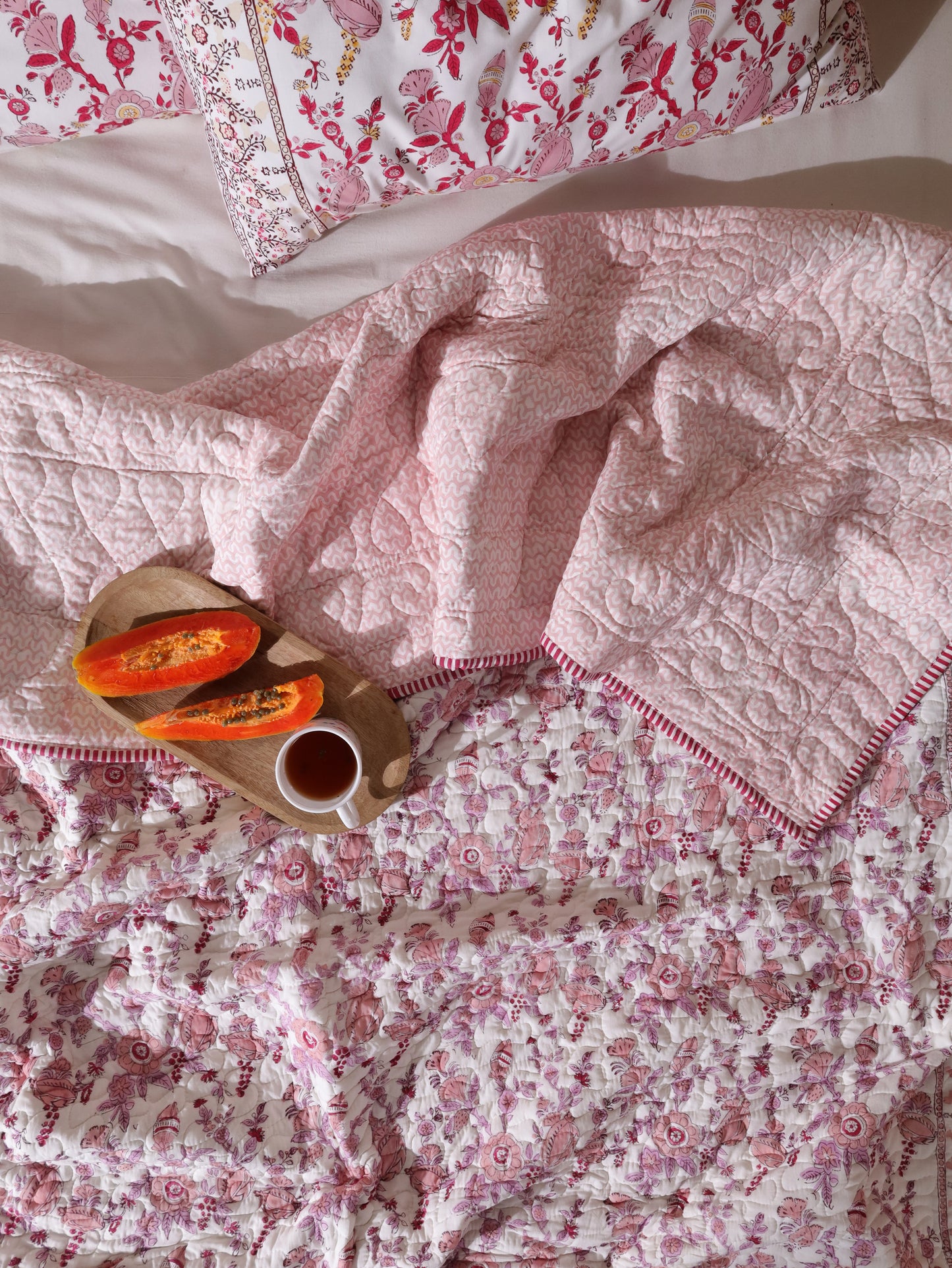 Lilac and maroon phal aur phool mulmul quilt