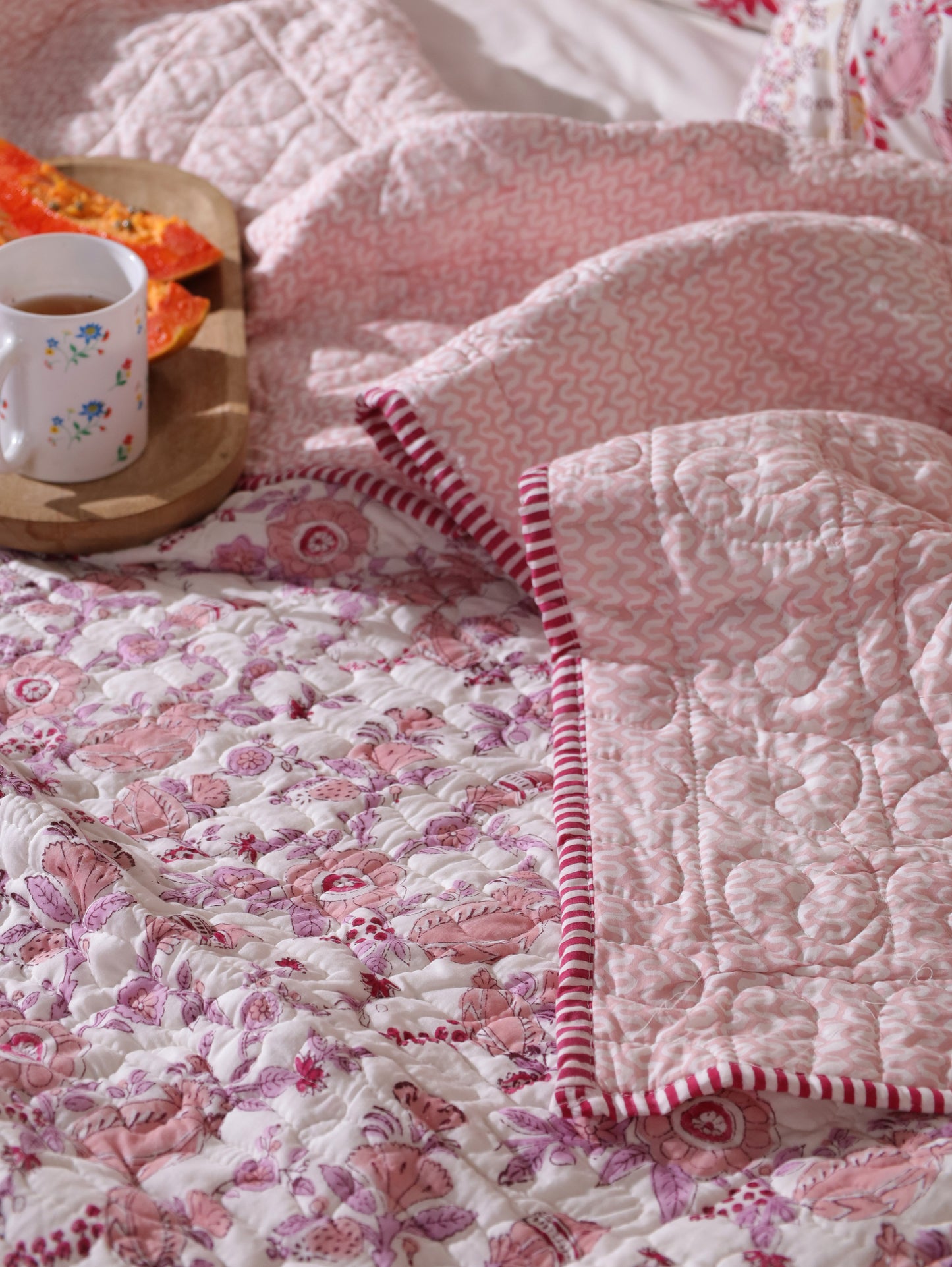 Lilac and maroon phal aur phool mulmul quilt