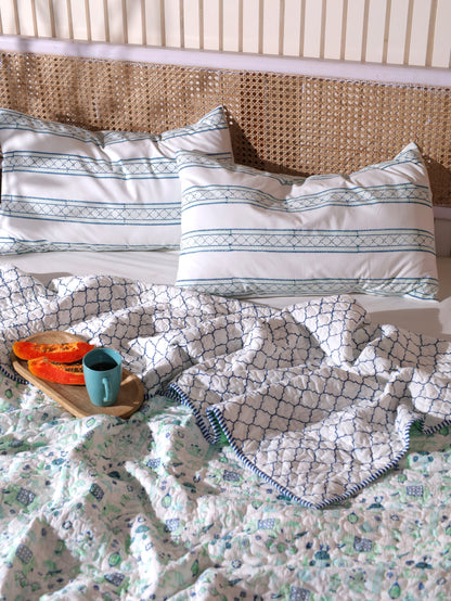 Blue and sea green scattered ethnic mulmul quilt