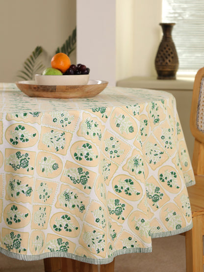 Green parrot and yellow motif tiles round table cover
