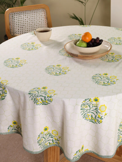 Green parrot and yellow phool bagh motif round table cover