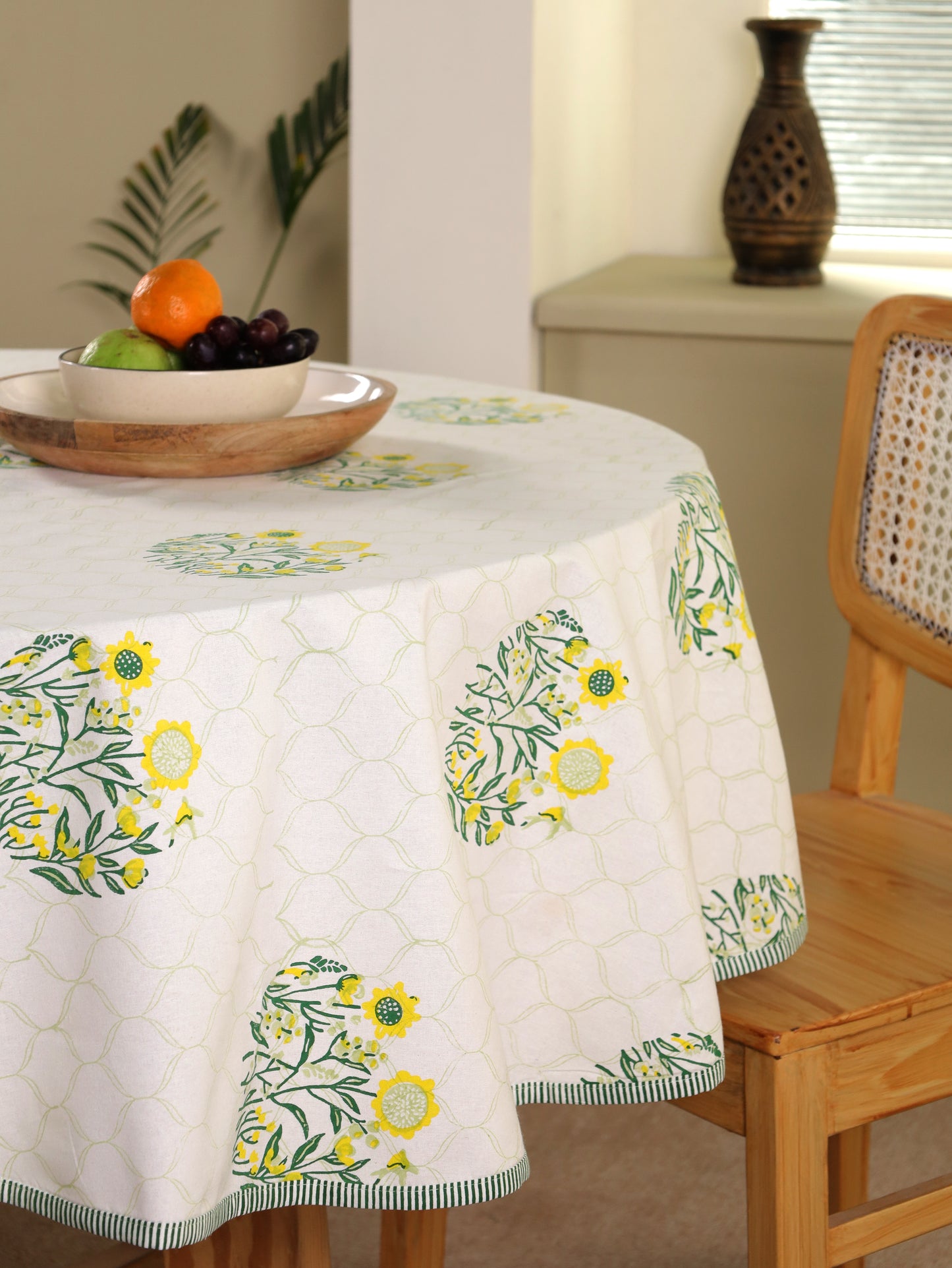 Green parrot and yellow phool bagh motif round table cover