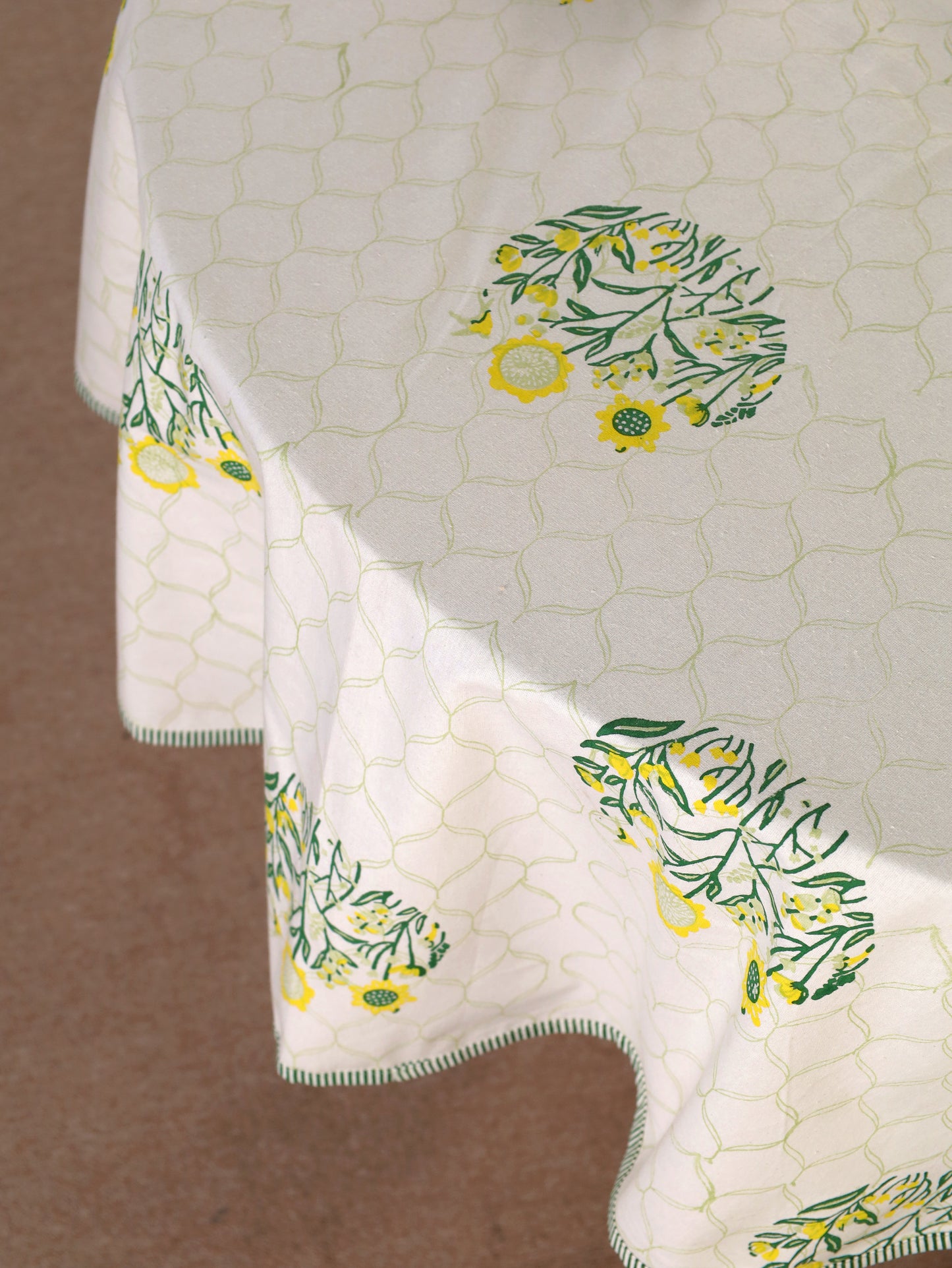 Green parrot and yellow phool bagh motif round table cover