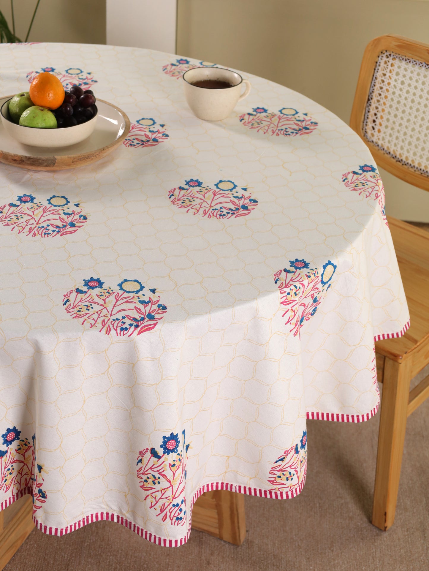 Navy red and yellow phool bagh motif round table cover