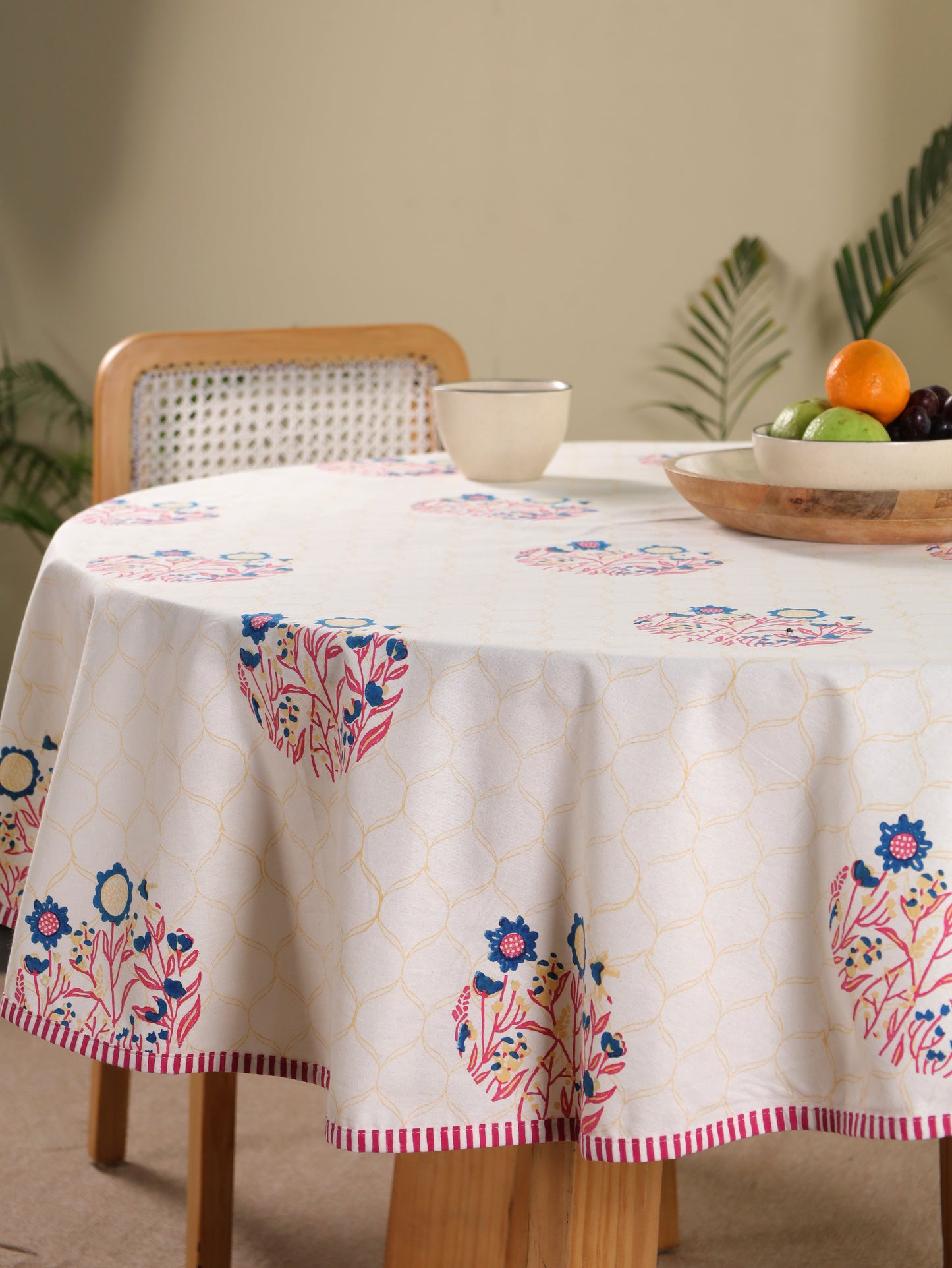 Navy red and yellow phool bagh motif round table cover