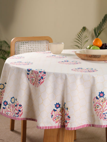Navy red and yellow phool bagh motif round table cover