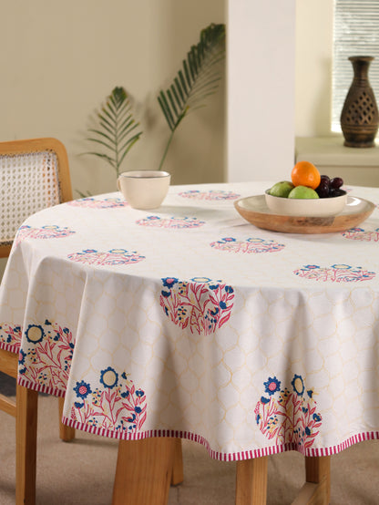 Navy red and yellow phool bagh motif round table cover