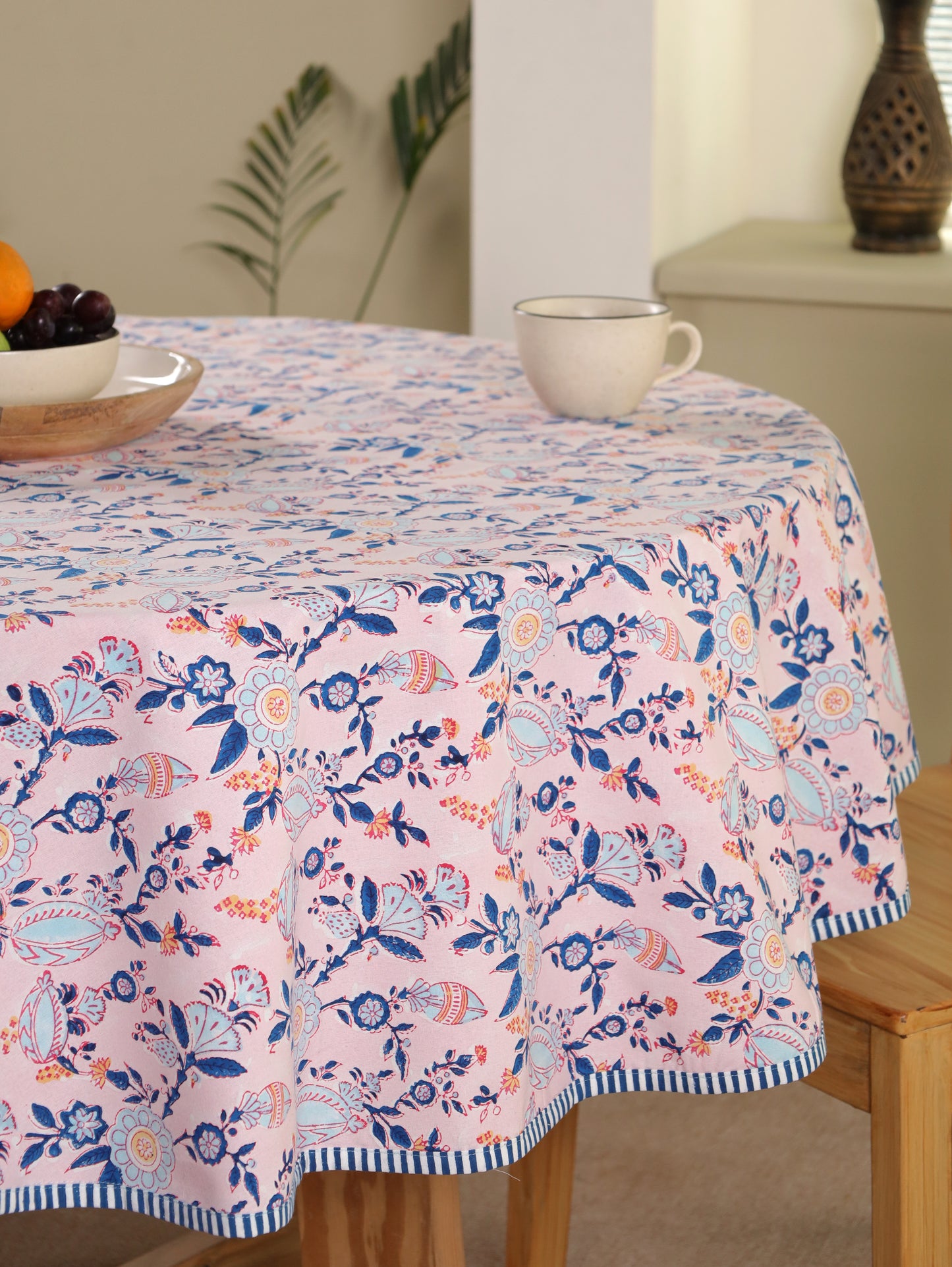Turquoise blue and peach phal aur phool round table cover