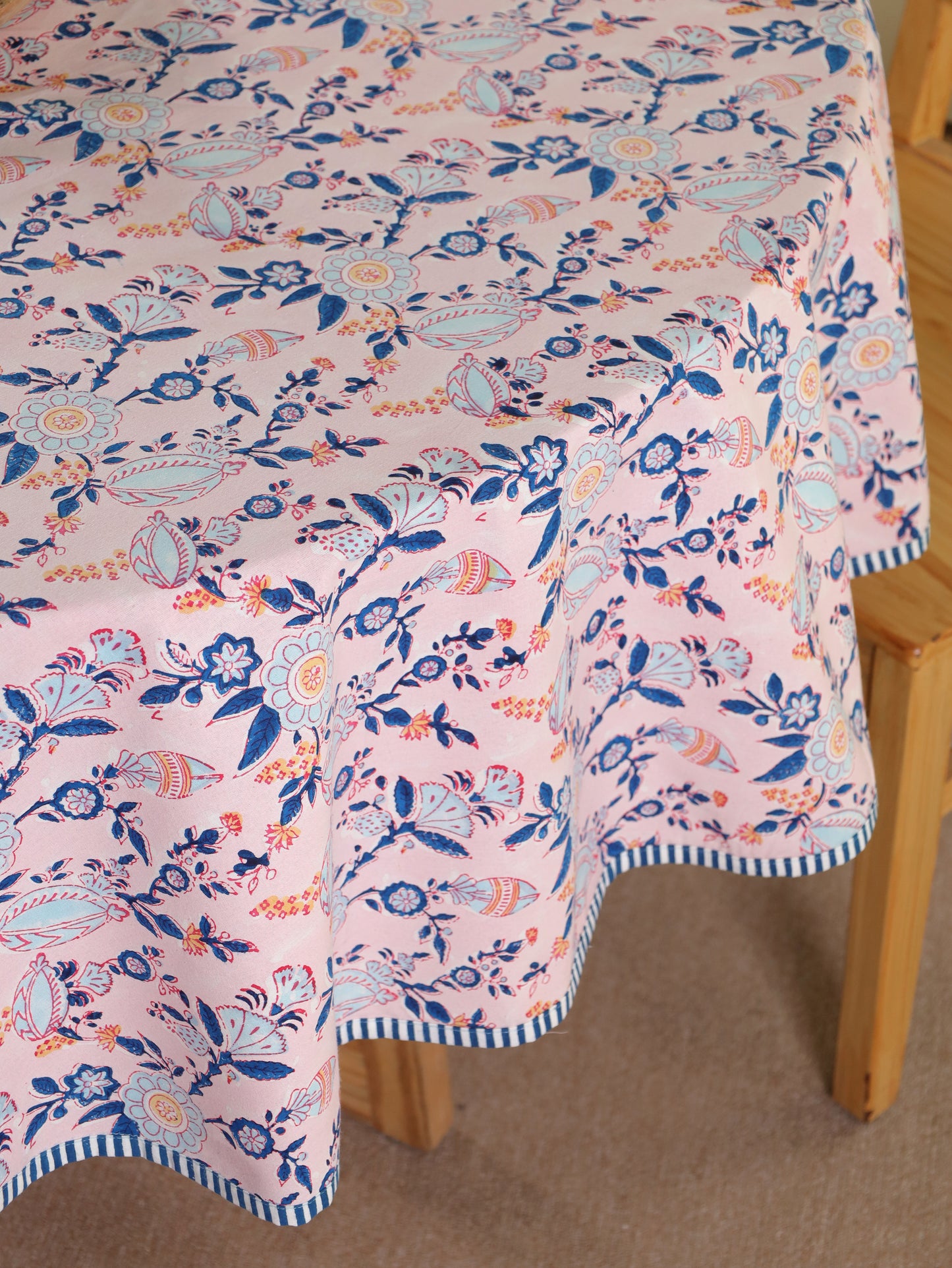 Turquoise blue and peach phal aur phool round table cover