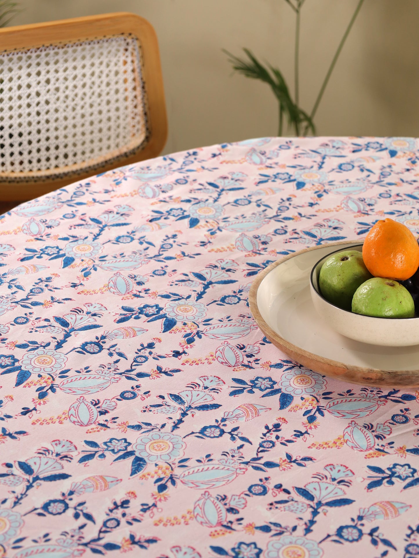 Turquoise blue and peach phal aur phool round table cover