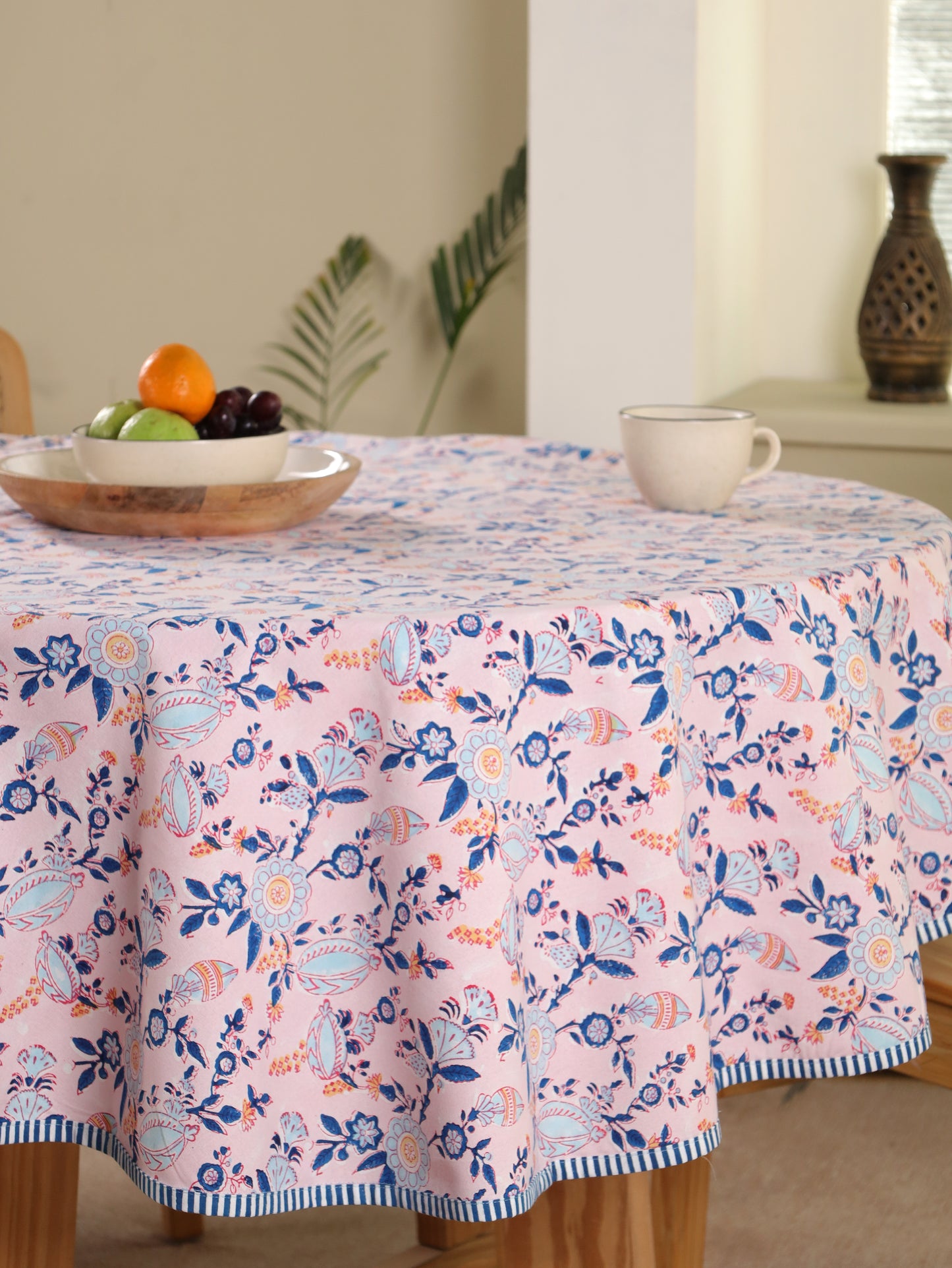 Turquoise blue and peach phal aur phool round table cover