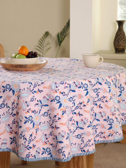 Turquoise blue and peach phal aur phool round table cover