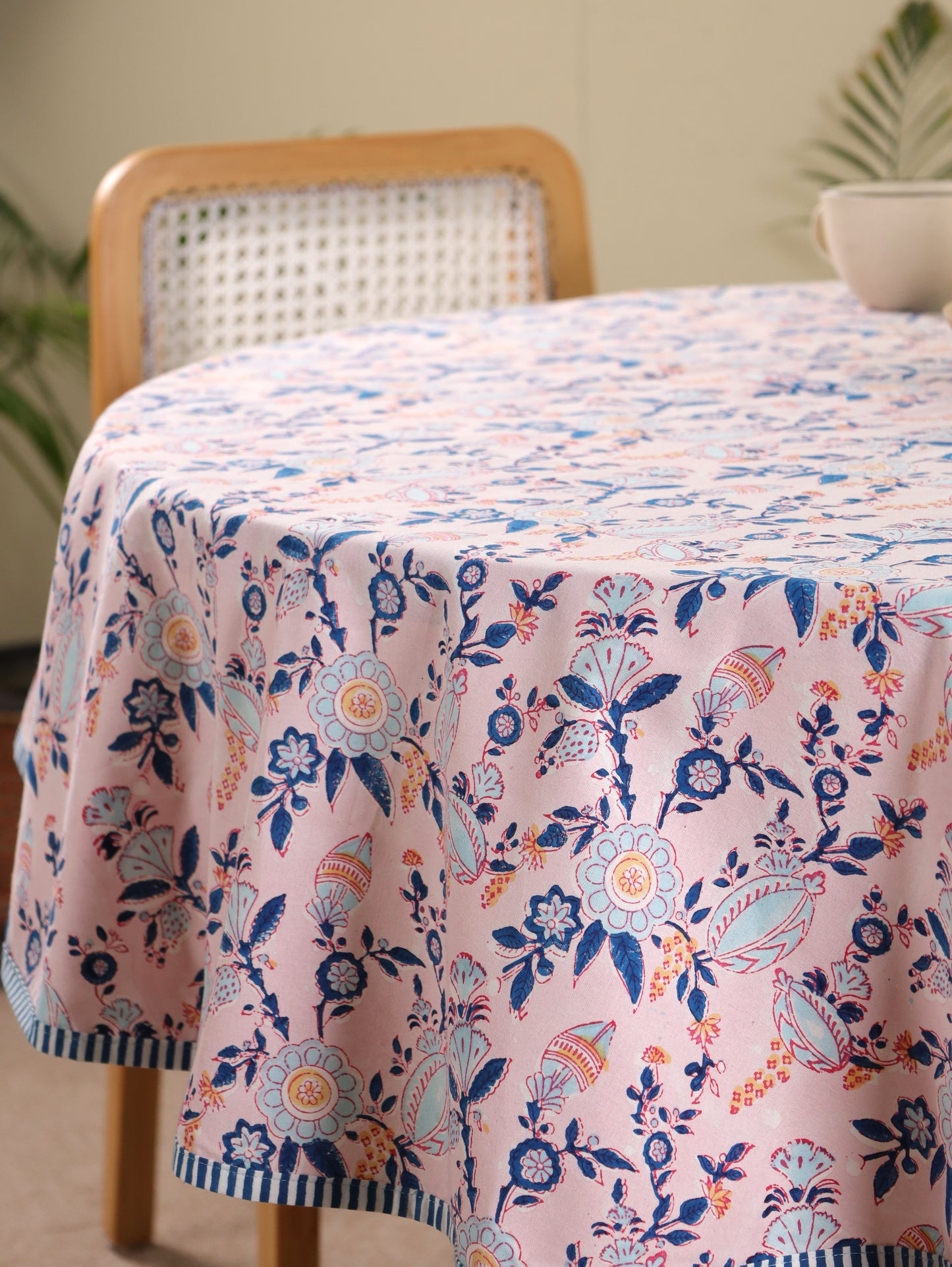 Turquoise blue and peach phal aur phool round table cover