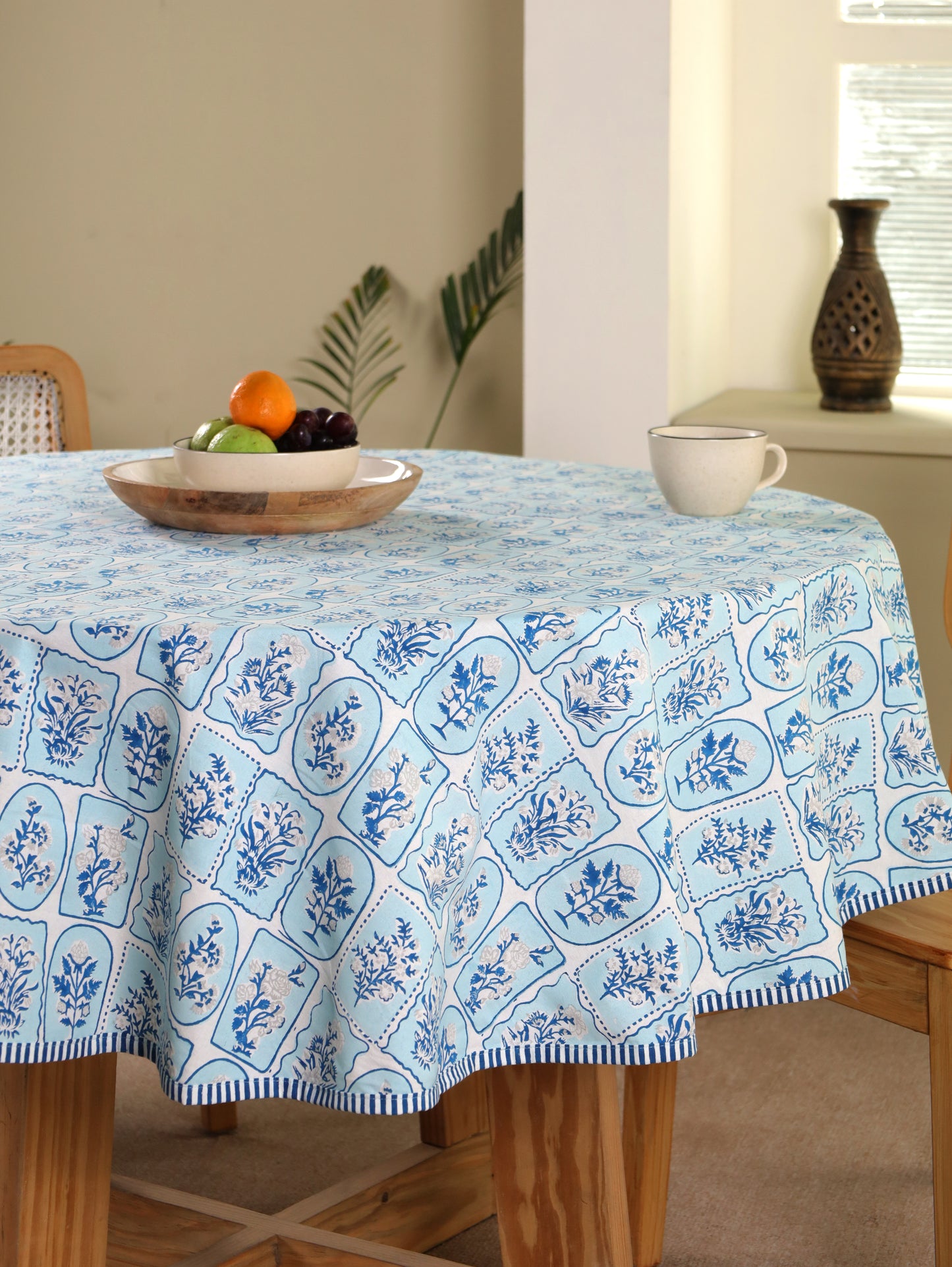 Navy blue and grey motif tiles round table cover