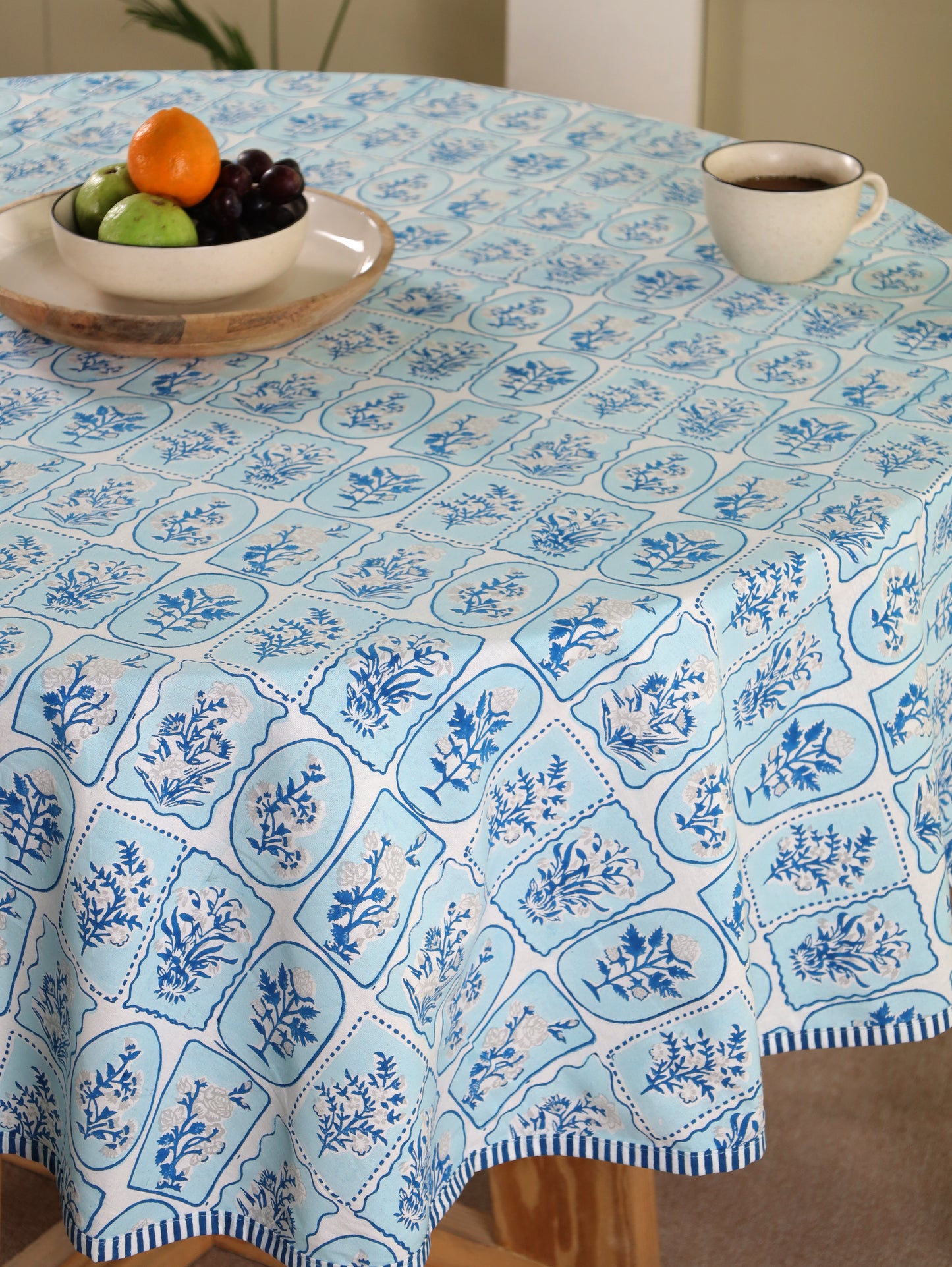 Navy blue and grey motif tiles round table cover