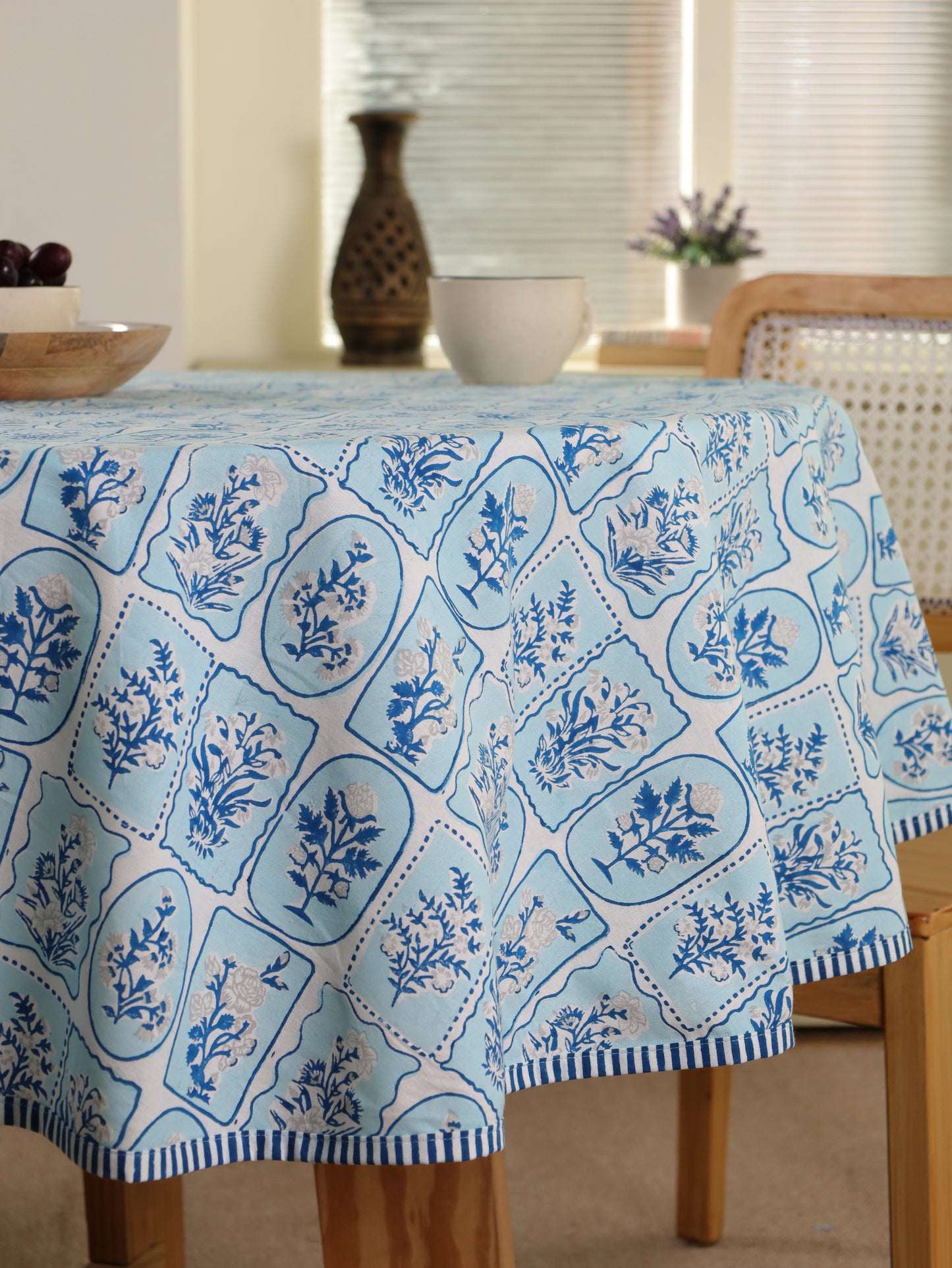 Navy blue and grey motif tiles round table cover