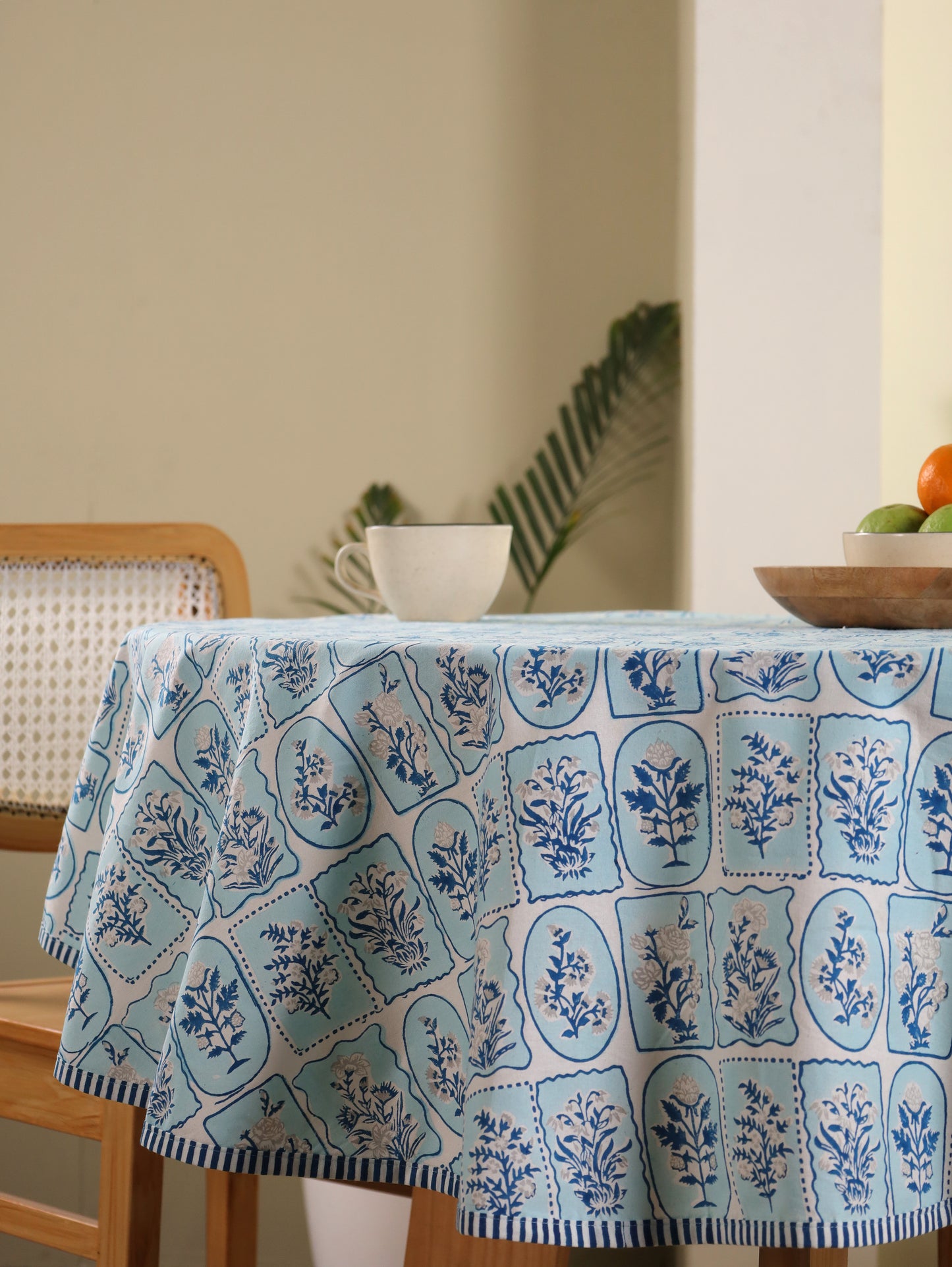 Navy blue and grey motif tiles round table cover