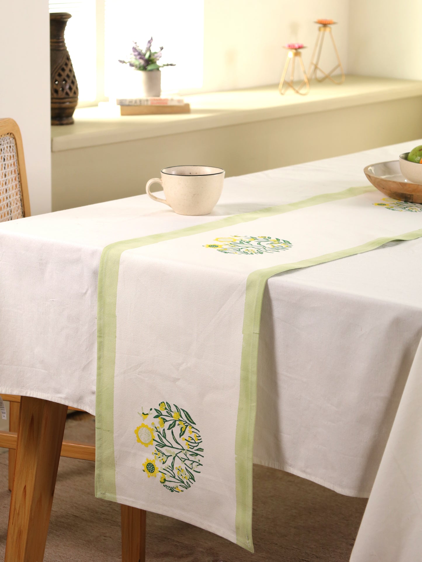 Green parrot and yellow phool bagh motif table runner