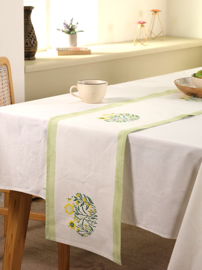 Green parrot and yellow phool bagh motif table runner