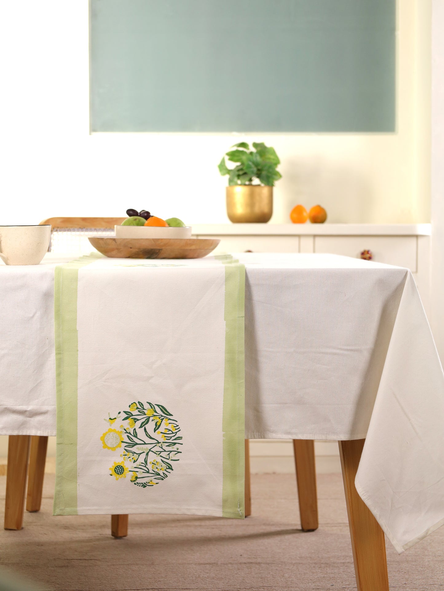 Green parrot and yellow phool bagh motif table runner
