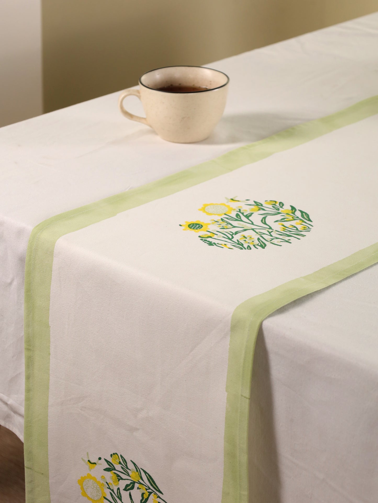 Green parrot and yellow phool bagh motif table runner