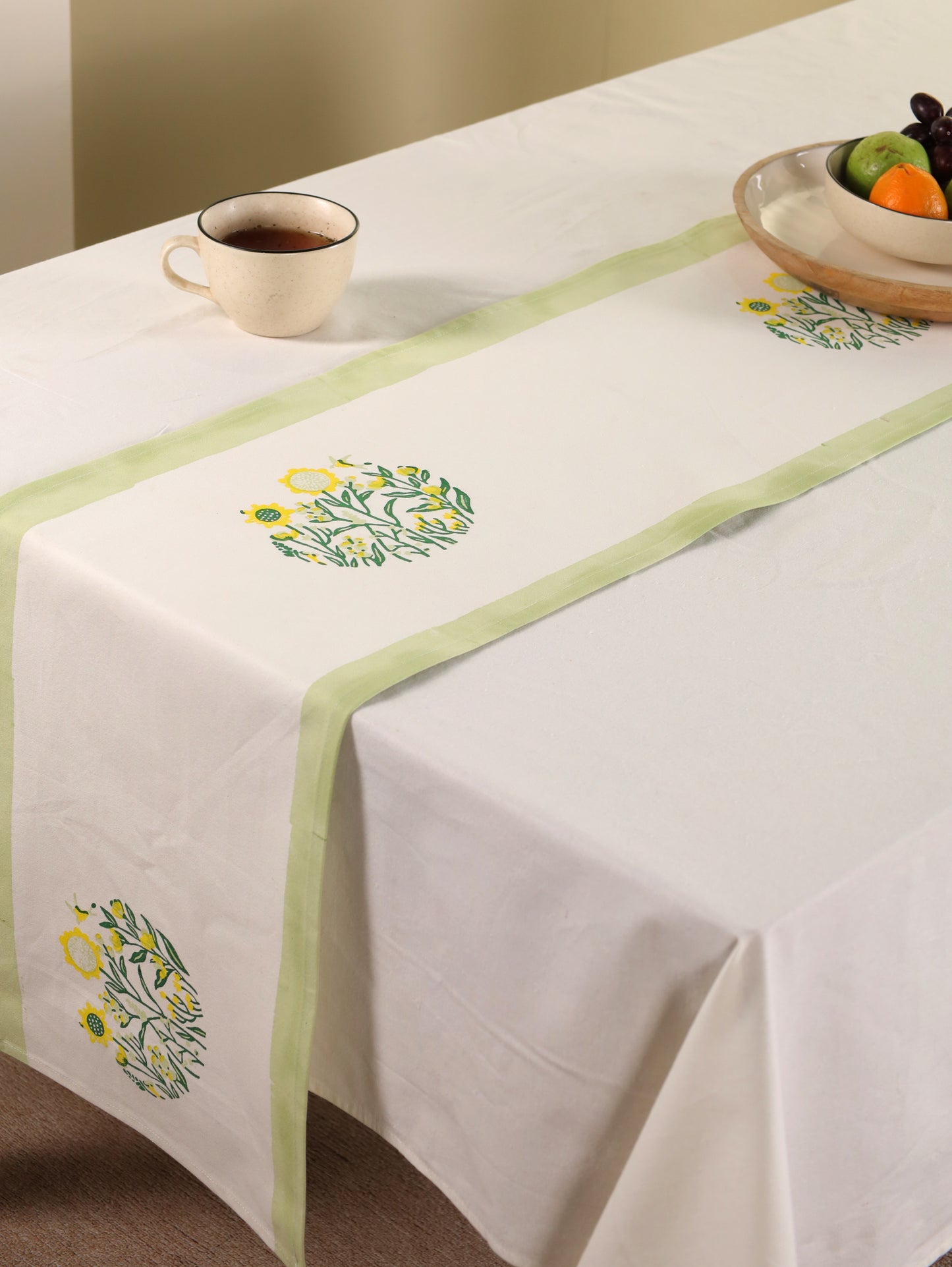 Green parrot and yellow phool bagh motif table runner