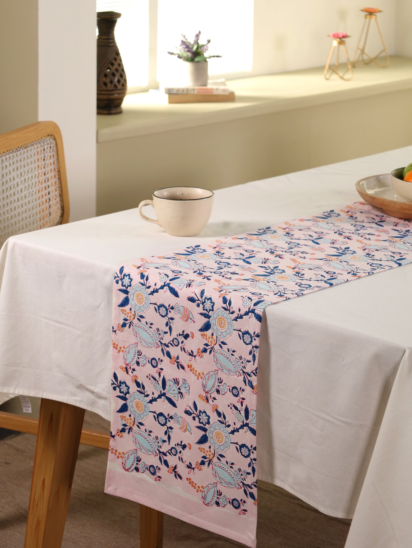 Turquoise blue and peach phal aur phool table runner