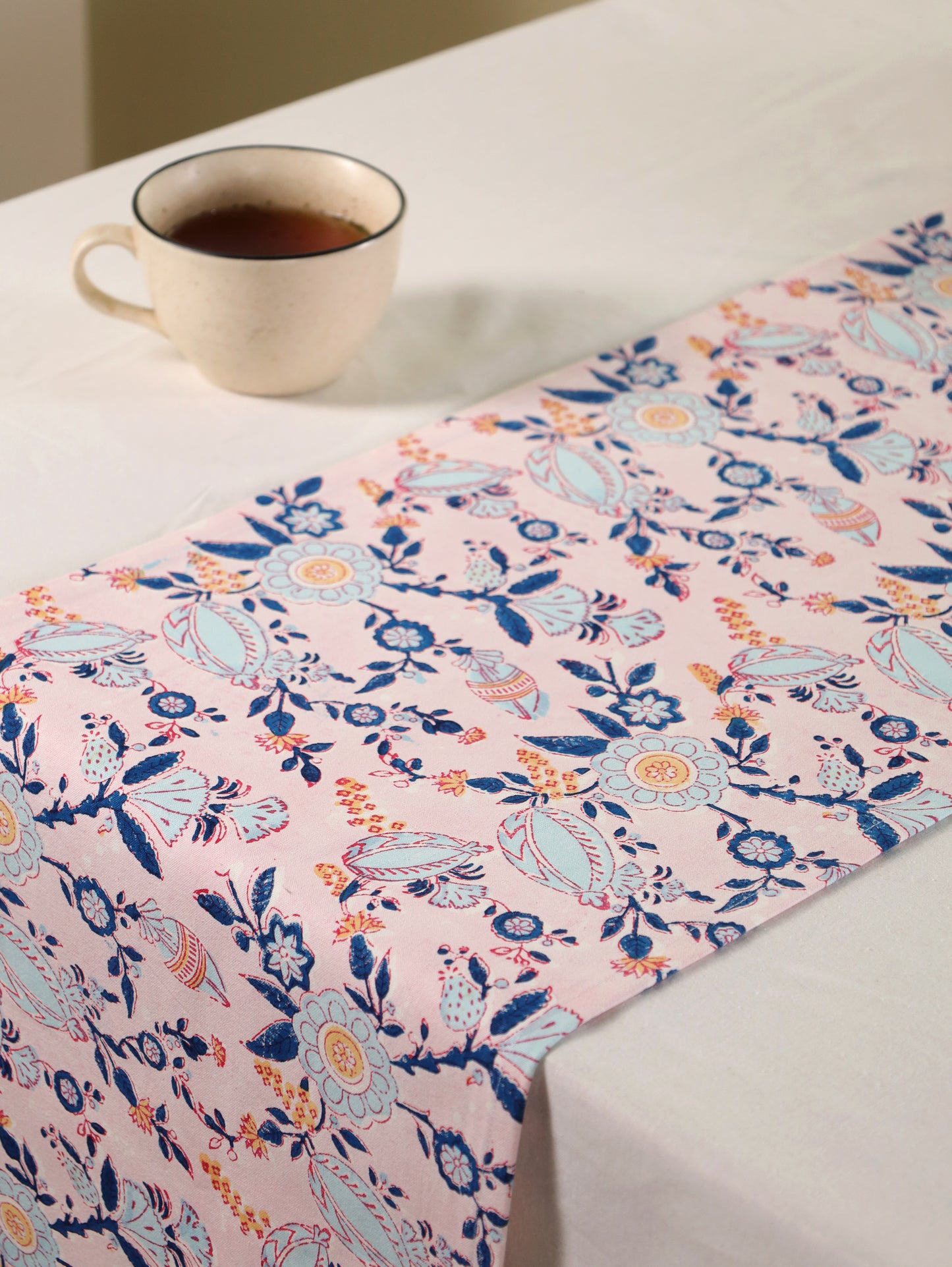 Turquoise blue and peach phal aur phool table runner
