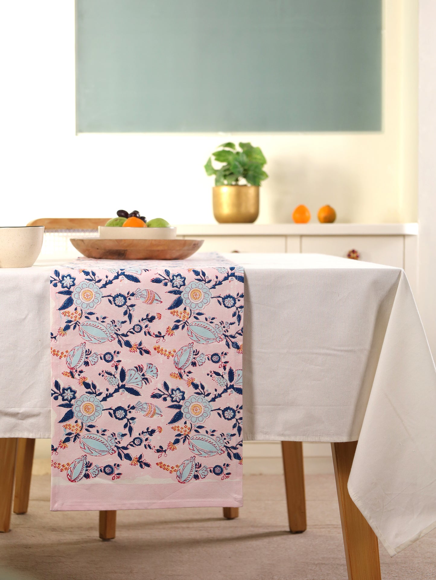 Turquoise blue and peach phal aur phool table runner