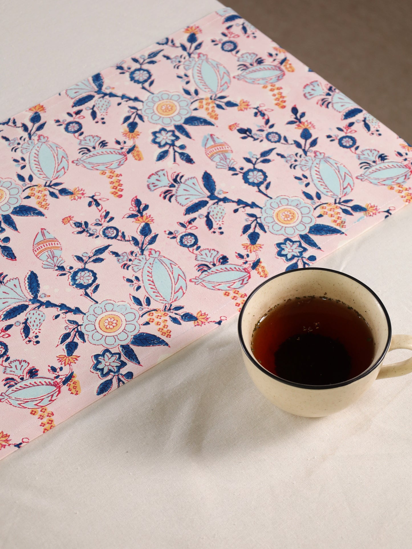 Turquoise blue and peach phal aur phool table runner