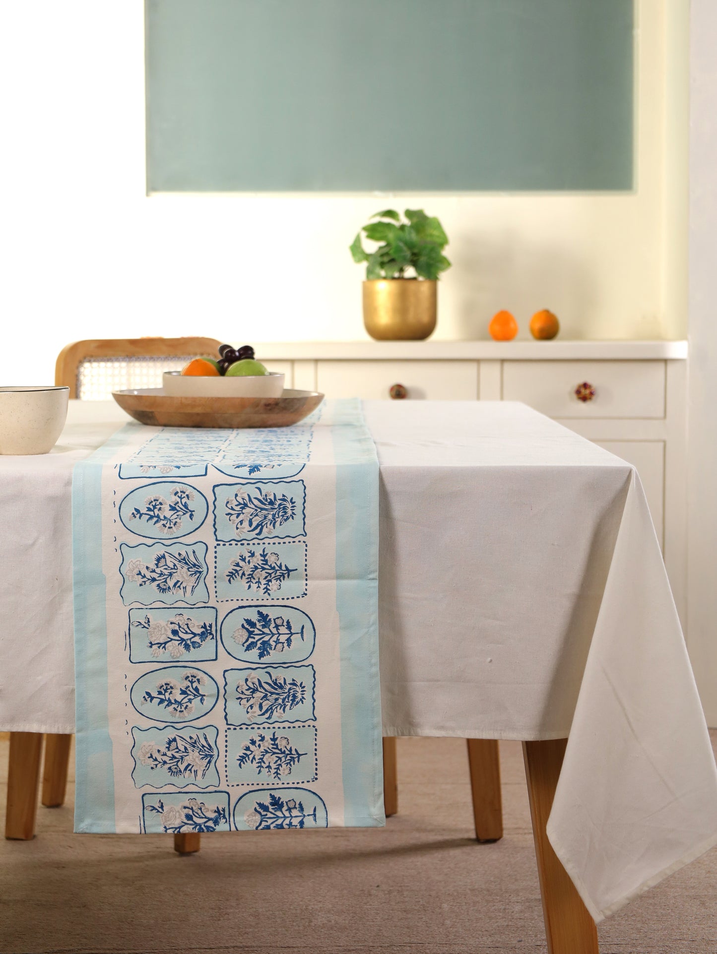Navy blue and grey motif tiles table runner