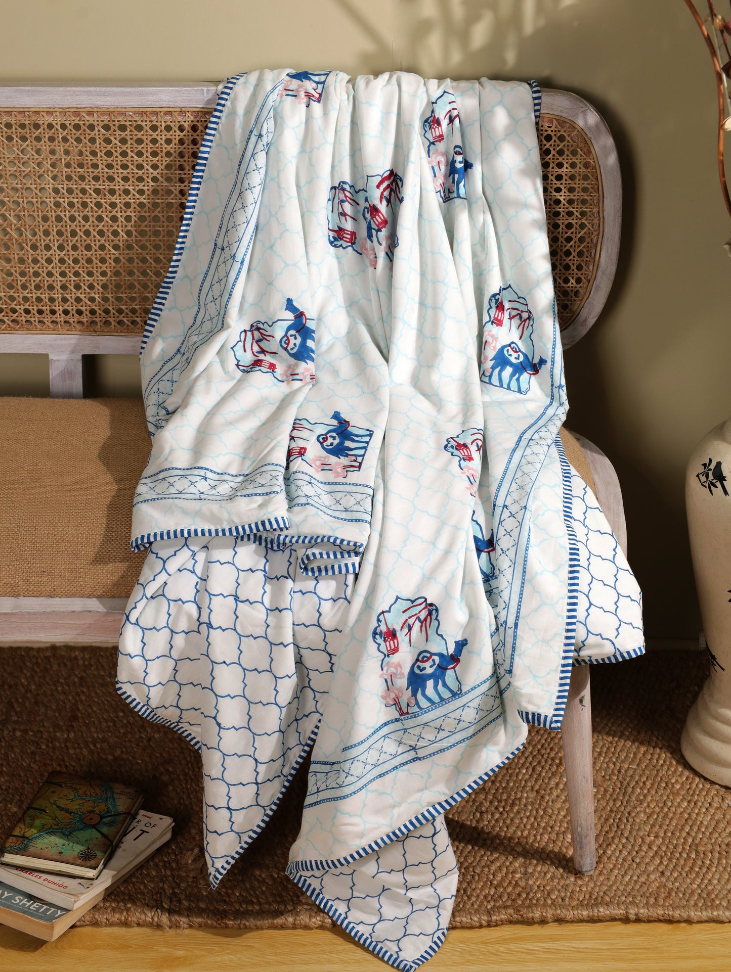Blue and peach jharokha motif mulmul dohar