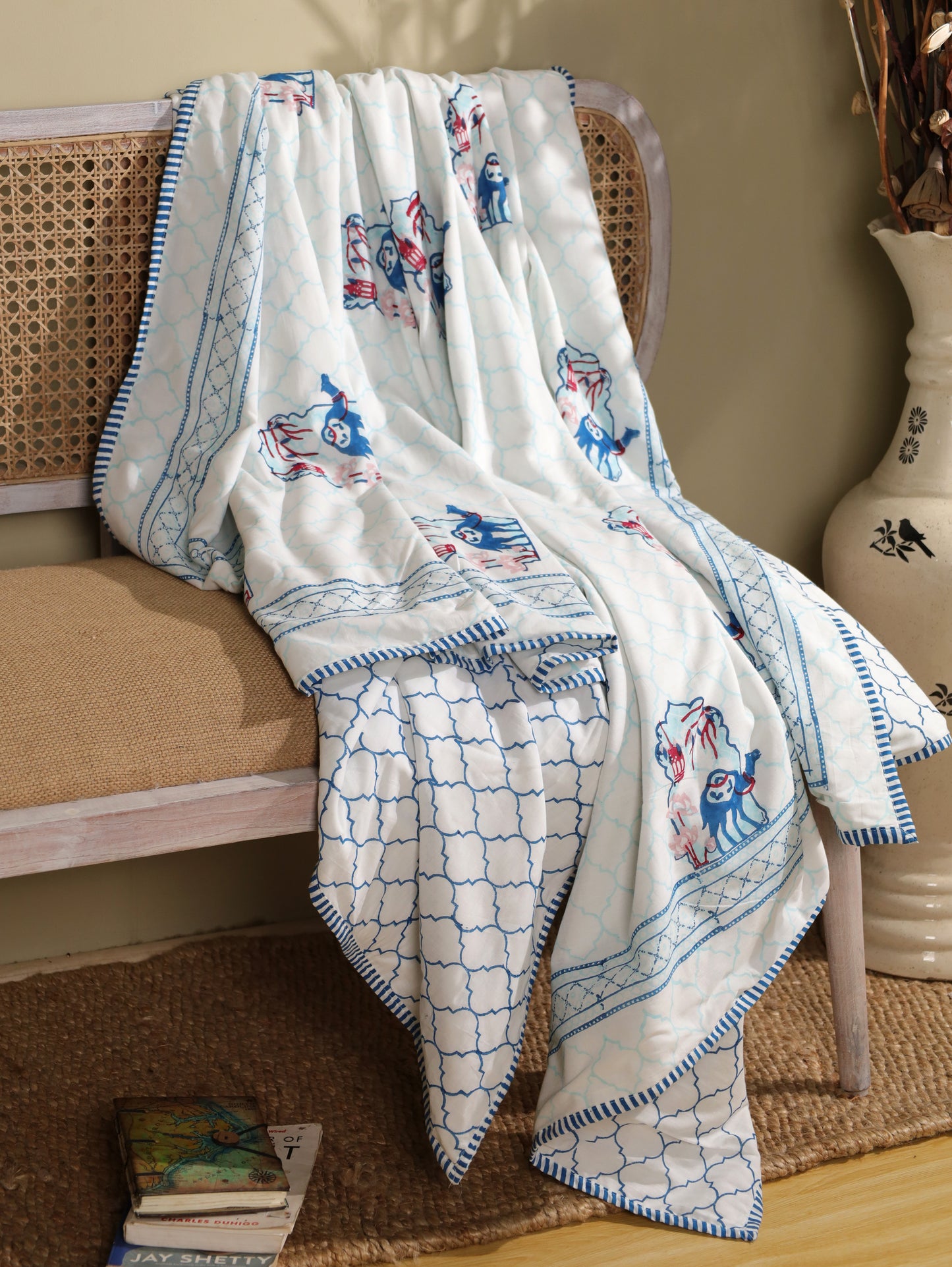 Blue and peach jharokha motif mulmul dohar