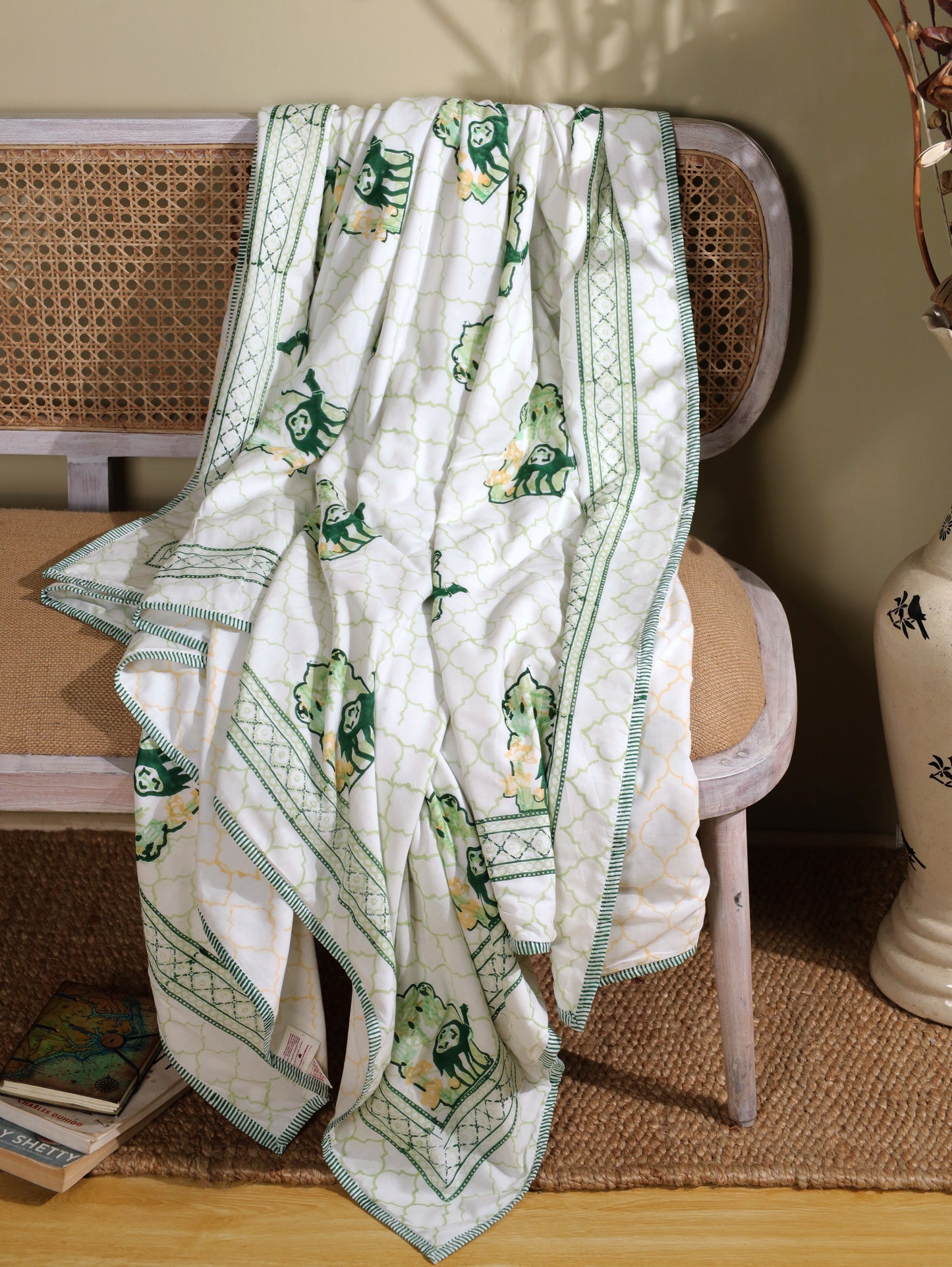 Green and yellow jharokha motif mulmul dohar