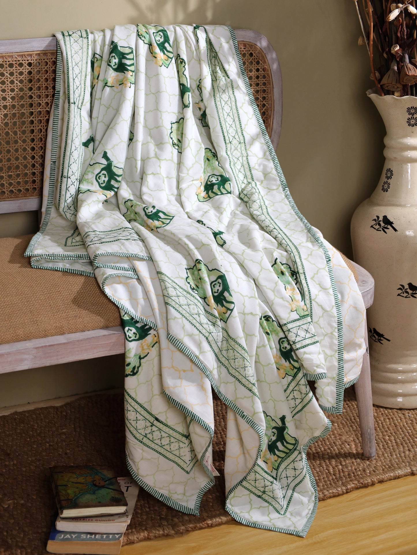 Green and yellow jharokha motif mulmul dohar
